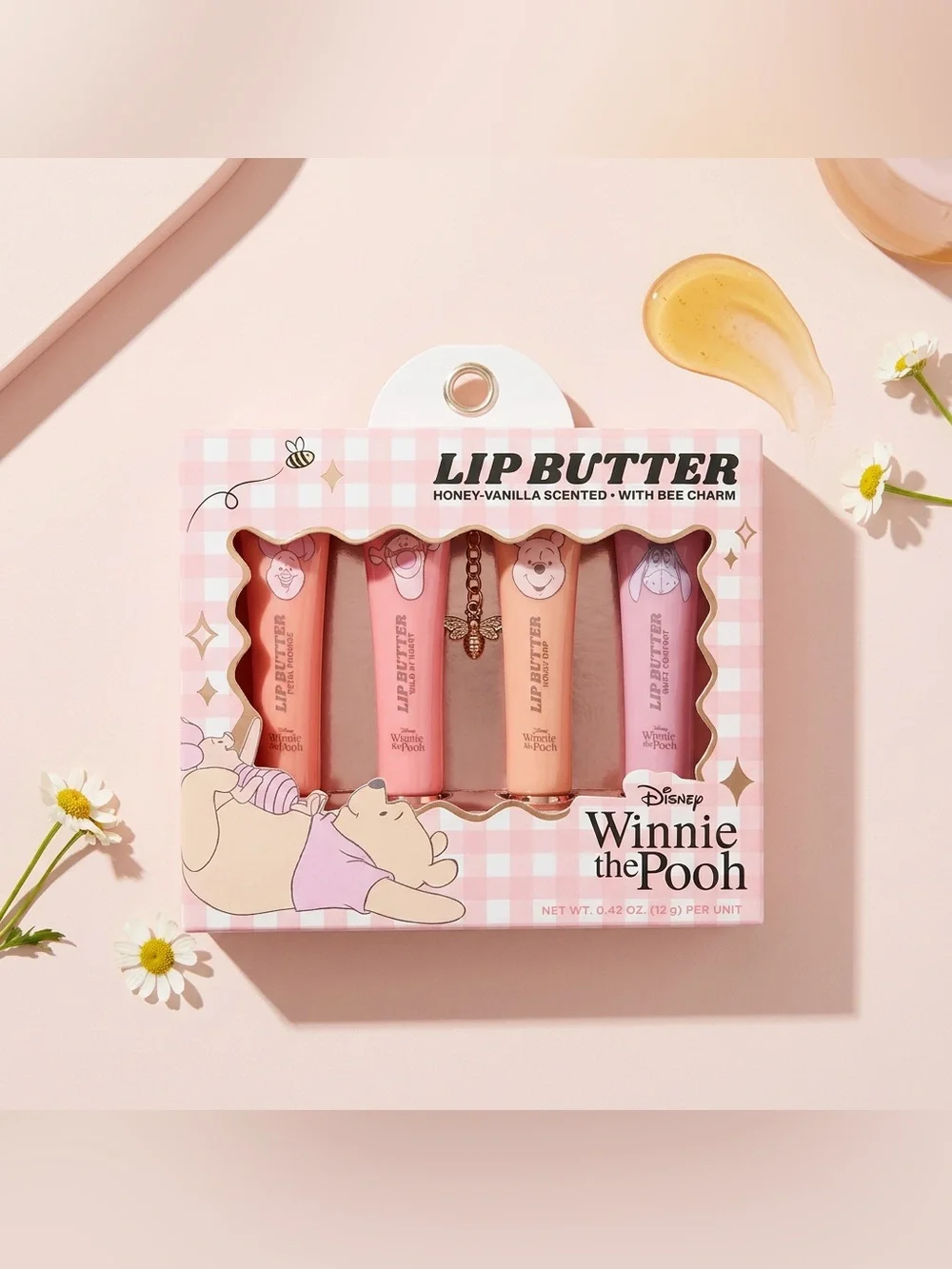 Disney Winnie the Pooh 4PC Lip Butter Set Honey Vanilla Scented Bee Charm NWT